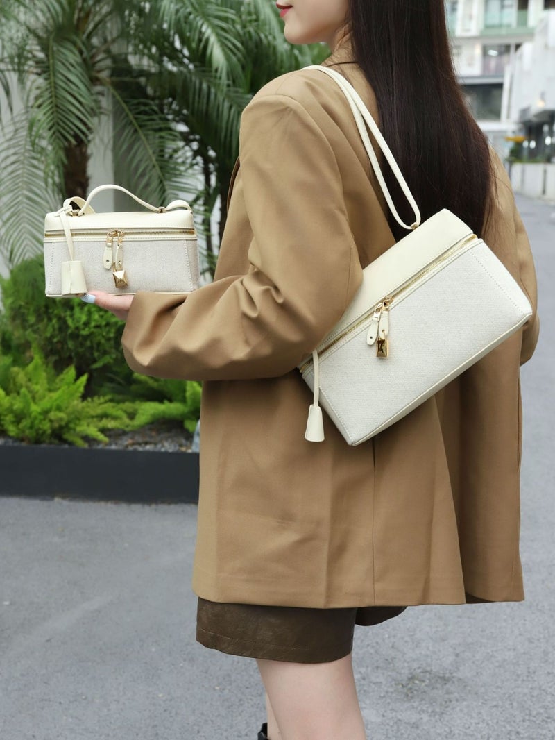 Genuine Leather Canvas Lunch Box Bag Lp19 Underarm Bag Genuine Leather Women'S Bag New High-End Niche Design Colorblock Handbag - Image 4