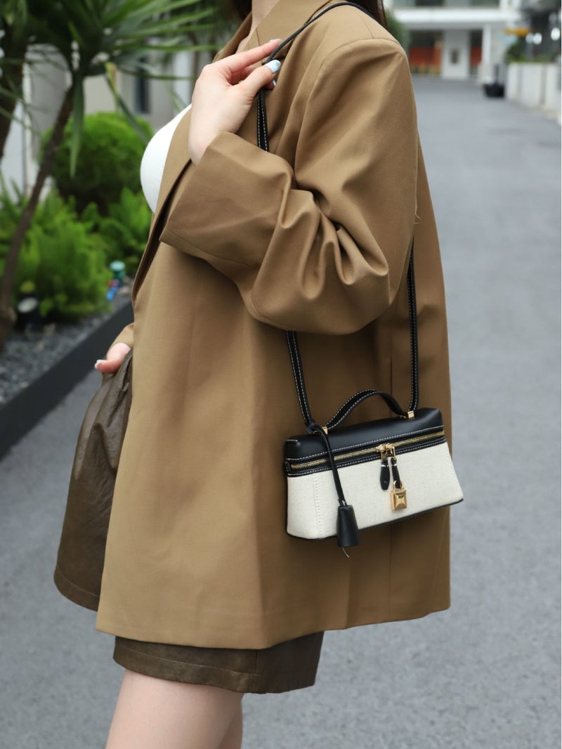Genuine Leather Canvas Lunch Box Bag Lp19 Underarm Bag Genuine Leather Women'S Bag New High-End Niche Design Colorblock Handbag - Image 5