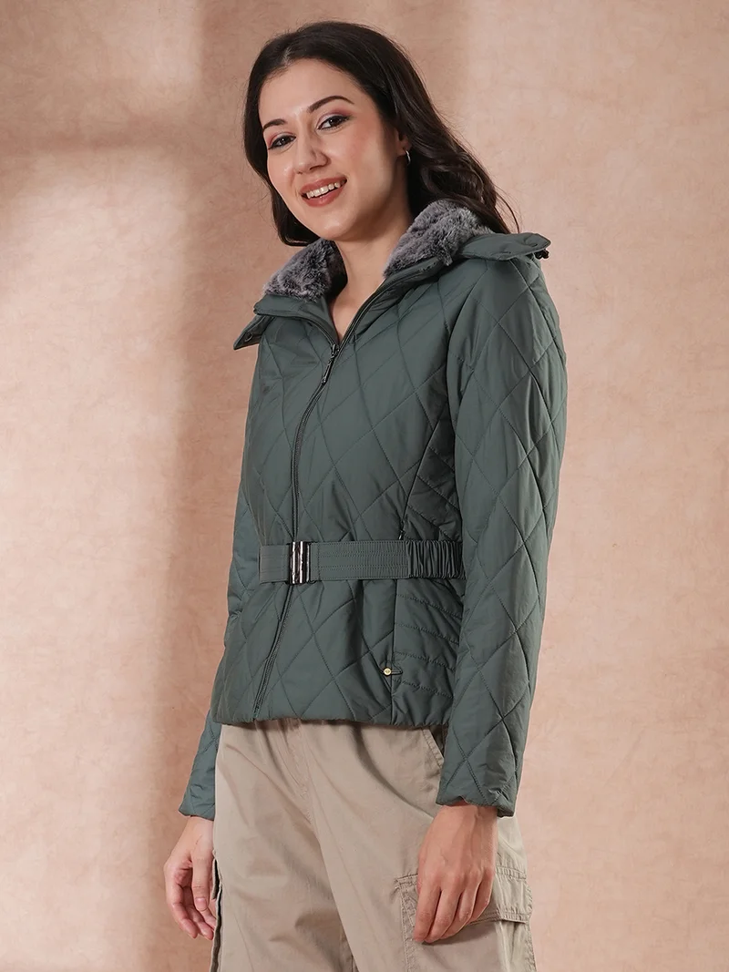 globus Women Hooded Solid Casual Puffer Jacket