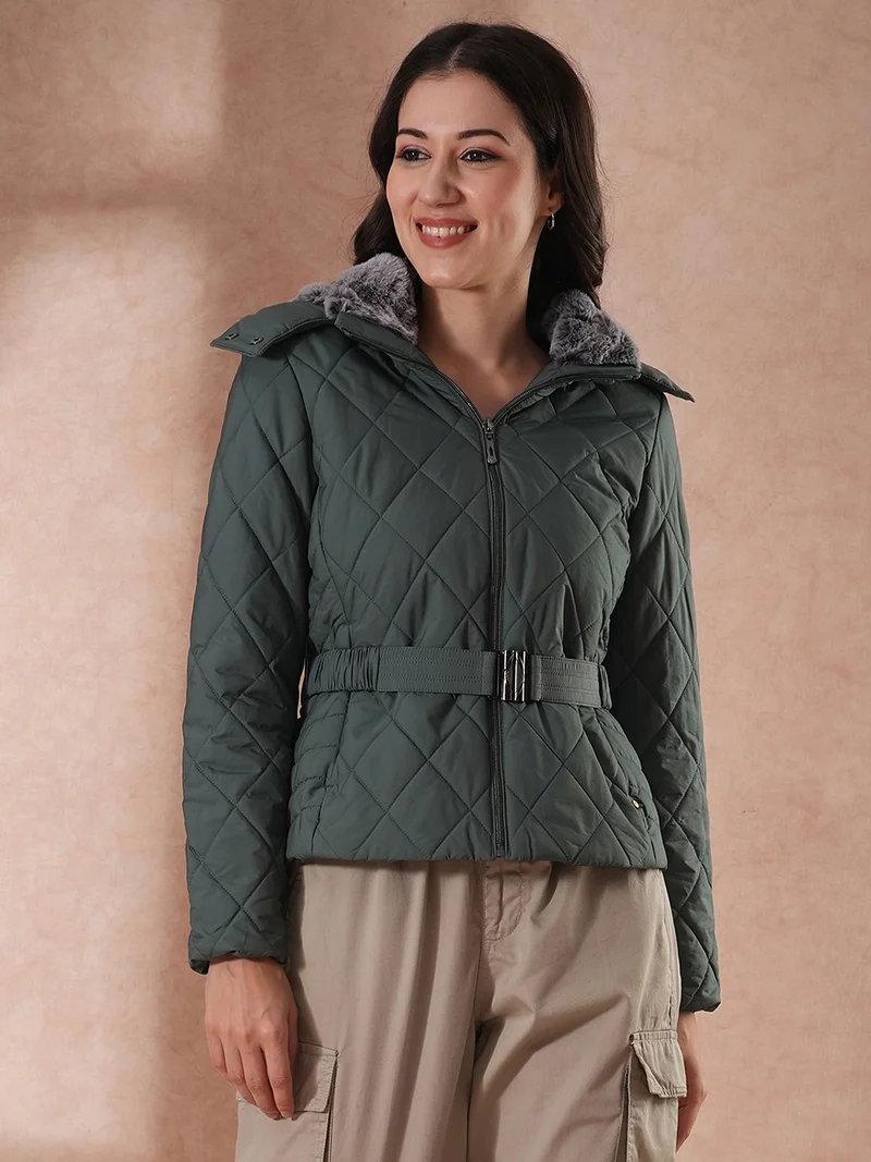 globus Women Hooded Solid Casual Puffer Jacket