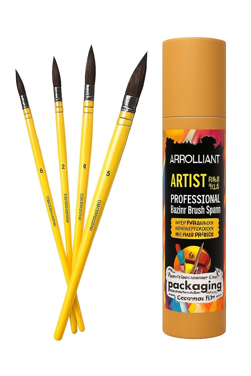 ARROLLIANT Artist Brown Mop Paintbrushes, 4 Pcs, Synthetic Squirrel Hair, Art Supplies for Painting, Great Watercolor, Acrylic Brush Set Wooden Handle Round Peak - Image 1