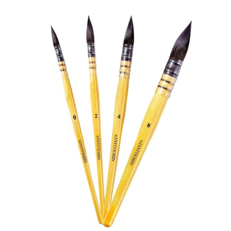 ARROLLIANT Artist Brown Mop Paintbrushes, 4 Pcs, Synthetic Squirrel Hair, Art Supplies for Painting, Great Watercolor, Acrylic Brush Set Wooden Handle Round Peak - Image 5