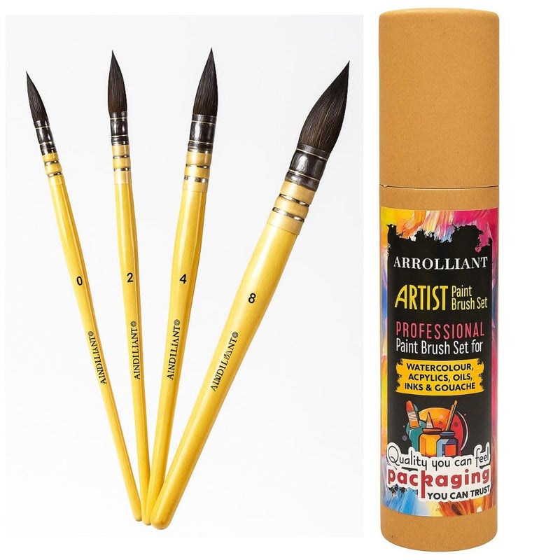 ARROLLIANT Artist Brown Mop Paintbrushes, 4 Pcs, Synthetic Squirrel Hair, Art Supplies for Painting, Great Watercolor, Acrylic Brush Set Wooden Handle Round Peak - Image 2
