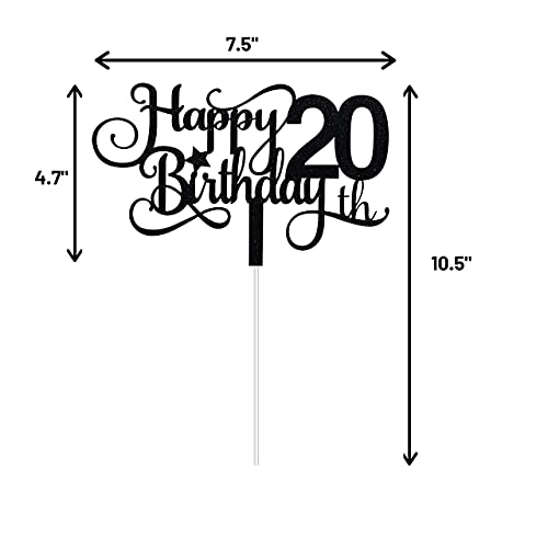 Festiko®Black Glitter 20th Birthday Cake Topper, Happy 20th Birthday Cake Topper, 20th Birthday Party Decorations - Image 2