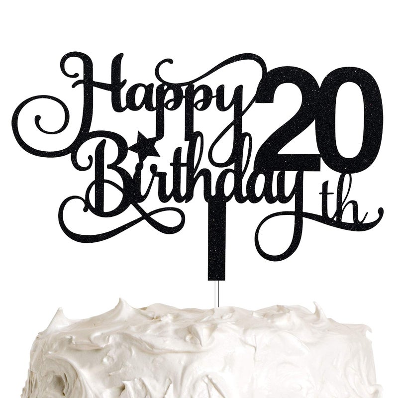 Festiko®Black Glitter 20th Birthday Cake Topper, Happy 20th Birthday Cake Topper, 20th Birthday Party Decorations - Image 5