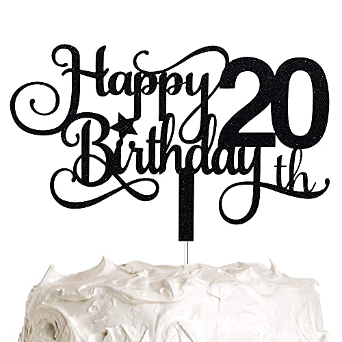 Festiko®Black Glitter 20th Birthday Cake Topper, Happy 20th Birthday Cake Topper, 20th Birthday Party Decorations - Image 1