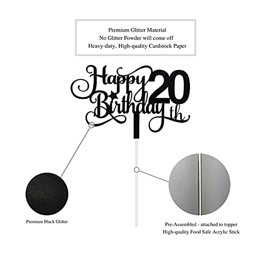 Festiko®Black Glitter 20th Birthday Cake Topper, Happy 20th Birthday Cake Topper, 20th Birthday Party Decorations - Image 3