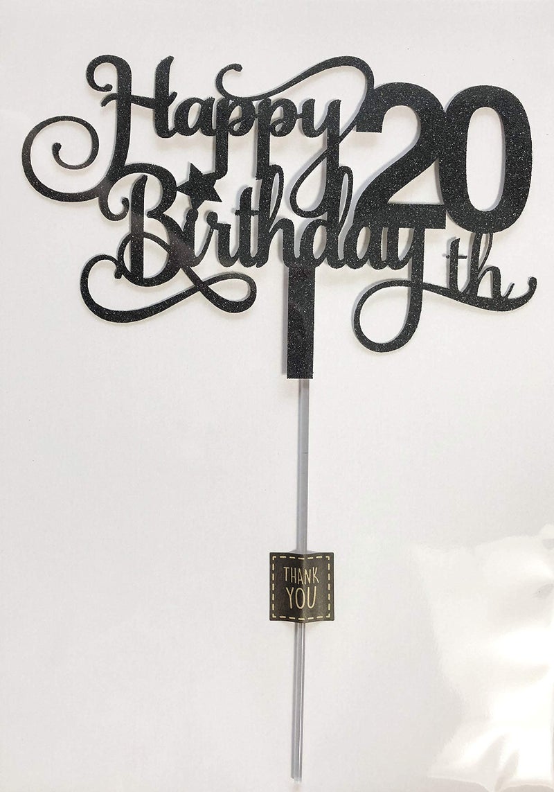 Festiko®Black Glitter 20th Birthday Cake Topper, Happy 20th Birthday Cake Topper, 20th Birthday Party Decorations - Image 4