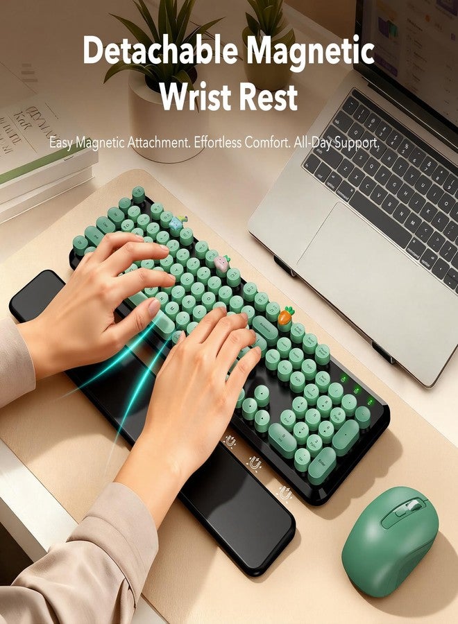SABLUTE Wireless Keyboard and Mouse Combo-Round Keycaps, Full-Size Retro Typewriter Keyboard with Detachable Wrist Rest, Sleep Mode & Tilt Legs, 2.4GHz Cordless Connection for Mac/Windows/PC (Black & Green) - Image 2