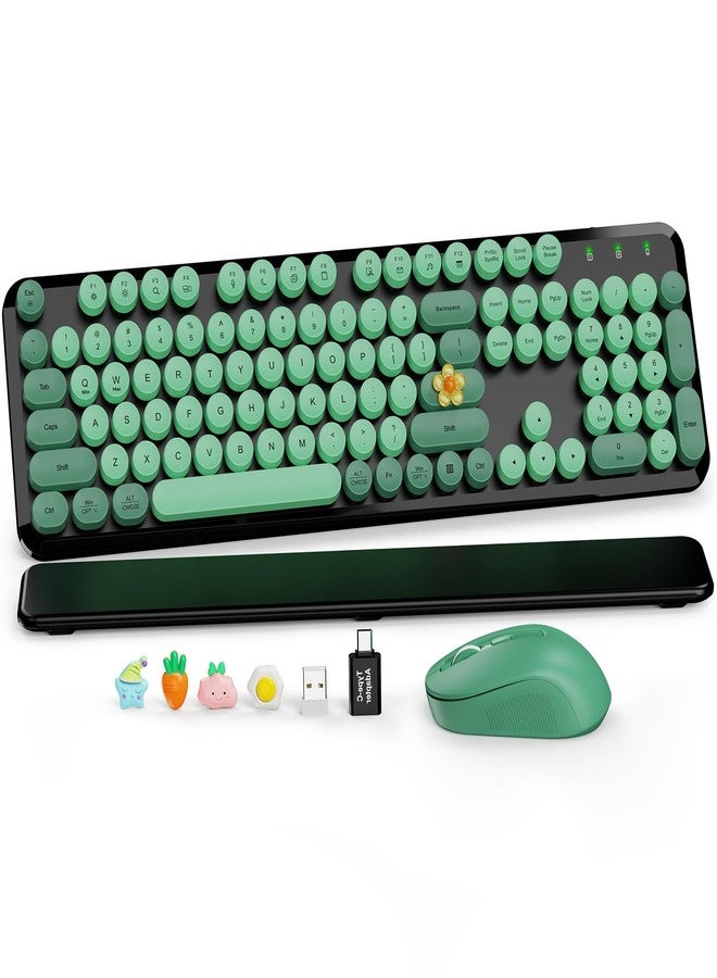 SABLUTE Wireless Keyboard and Mouse Combo-Round Keycaps, Full-Size Retro Typewriter Keyboard with Detachable Wrist Rest, Sleep Mode & Tilt Legs, 2.4GHz Cordless Connection for Mac/Windows/PC (Black & Green) - Image 1