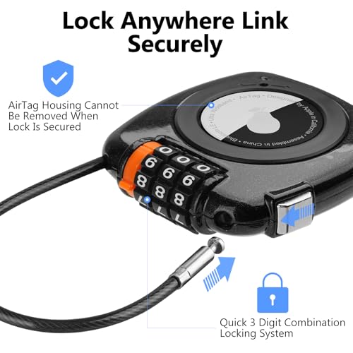 TUXON Compatible with Apple AirTag Secure Lock with Wire Cable 3Digit Combination Luggage Locks Alloy Body Ultra Durable AntiLost Protective Case for Luggage Bags Suitcase and Backpacks BLACK - Image 3