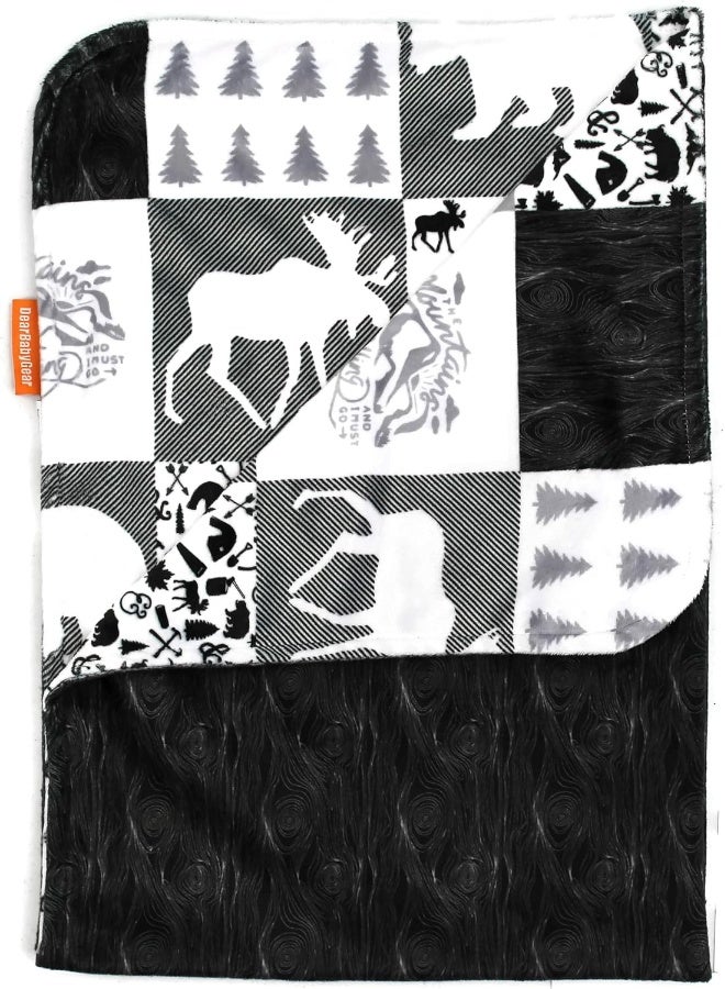 Dear Baby Gear Bears Deluxe Baby Blanket - Reversible Minky, Milestone & Newborn Gifts for Girls and Boys - Plaid,Bears, Moose, Mountains, Woodgrain Faux Quilt - Black Woodgrain Minky - 40" x 30" - Image 1