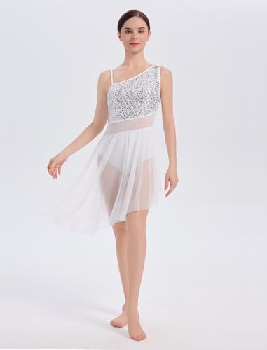 ODASDO Women Lyrical Dance Dress Costumes Adult Modern Contemporary Ballroom Ballet Dancewear Shiny Sequins Spaghetti Strap Asymmetric Mesh Tulle Flowy Skirt Bodysuit Dancing Outfit White XS - Image 3