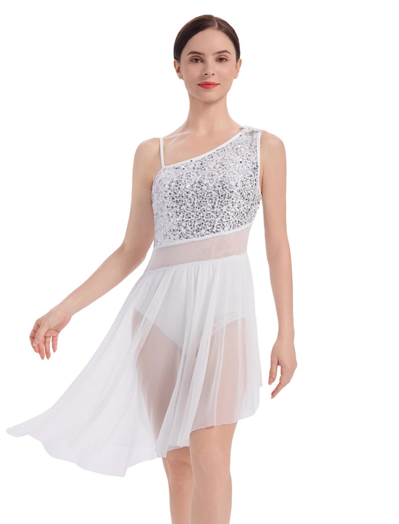 ODASDO Women Lyrical Dance Dress Costumes Adult Modern Contemporary Ballroom Ballet Dancewear Shiny Sequins Spaghetti Strap Asymmetric Mesh Tulle Flowy Skirt Bodysuit Dancing Outfit White XS - Image 2