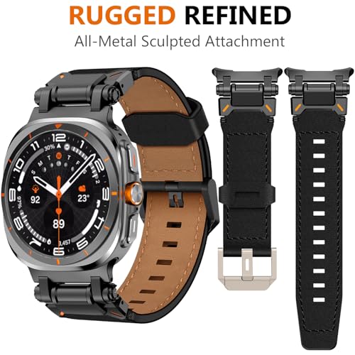 WINGLE Leather Band for Samsung Galaxy Watch Ultra Bands 47mm 2025/2024 Men Wide Rugged Top Grain Genuine Leather Strap with Metal Connector Armor Classy Casual Business Galaxy Watch Ultra Band, Black - Image 2