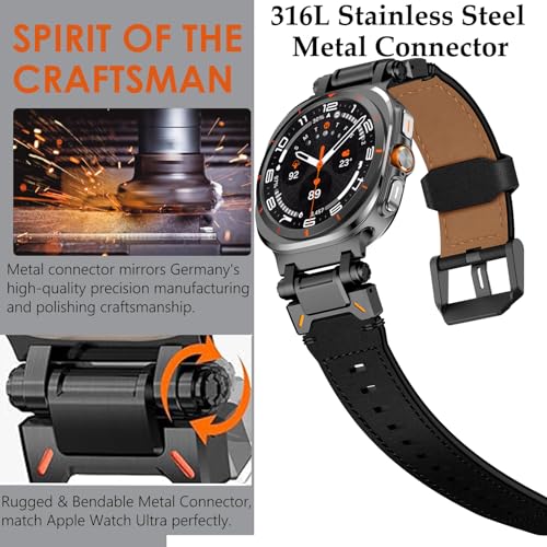 WINGLE Leather Band for Samsung Galaxy Watch Ultra Bands 47mm 2025/2024 Men Wide Rugged Top Grain Genuine Leather Strap with Metal Connector Armor Classy Casual Business Galaxy Watch Ultra Band, Black - Image 4