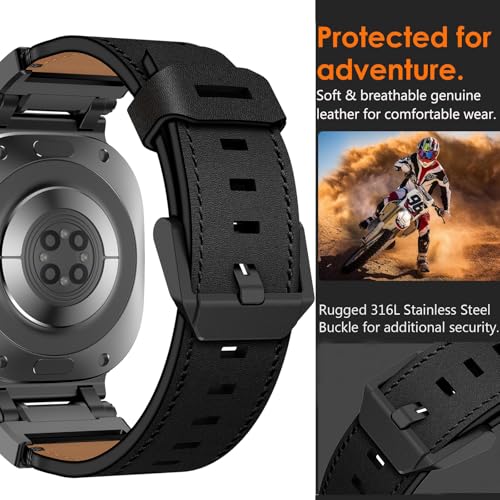 WINGLE Leather Band for Samsung Galaxy Watch Ultra Bands 47mm 2025/2024 Men Wide Rugged Top Grain Genuine Leather Strap with Metal Connector Armor Classy Casual Business Galaxy Watch Ultra Band, Black - Image 3