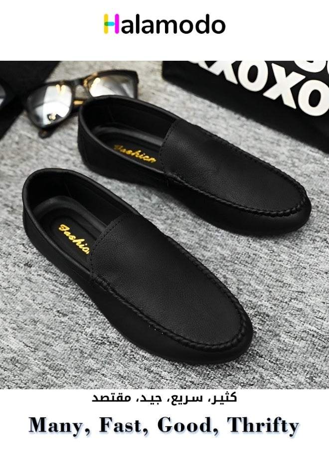 HALAMODO - Men's High Quality Genuine Leather Casual Loafers Breathable Driving Shoes Fashionable Slippers - Image 1