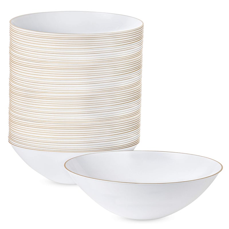 PLASTICPRO 16 OZ 40 Count White Plastic Organic Party Soup bowls With Gold Rim Premium heavyweight Elegant Disposable Tableware Dishes
