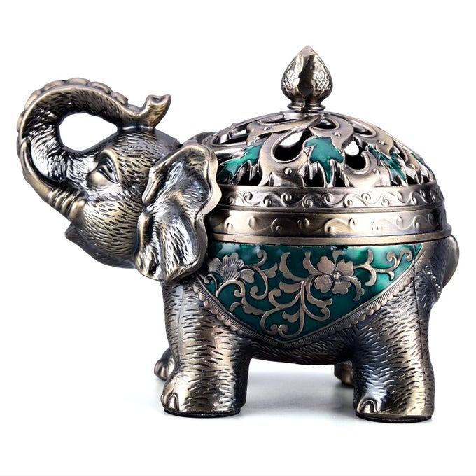 METAL BACKFLOW INCENSE HOLDER ELEPHANT CONE INCENSE BURNER CANDLE HOLDER WITH LID AROMATHERAPY ORNAMENT HOME OFFICE DECORATION FOR INDOOR OUTDOOR GREEN