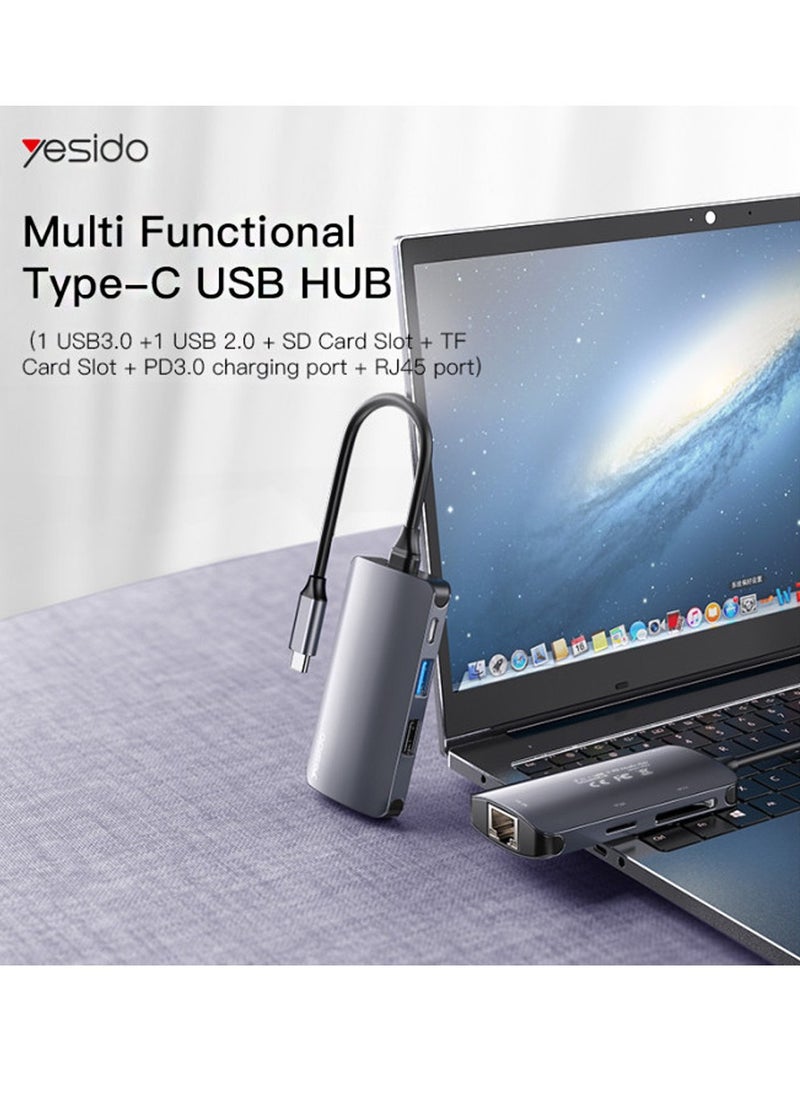 قاعدة إرساء محول USB Type-C من يسيدو HB15 USB Type-C 6 في 1 لشاشات اللابتوب التي تعمل بنظام Windows من النوع C - رمادي
