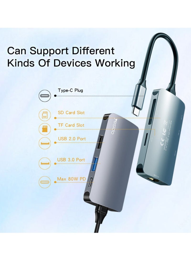 قاعدة إرساء محول USB Type-C من يسيدو HB15 USB Type-C 6 في 1 لشاشات اللابتوب التي تعمل بنظام Windows من النوع C - رمادي