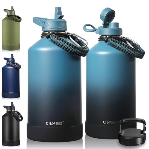 CIVAGO Gallon Insulated Water Bottle Jug with Straw 128 oz Large Stainless Steel Water Flask Big Metal Thermal Mug with 3 Lids for Sports Travel Gym and Camping Indigo Black - Image 1