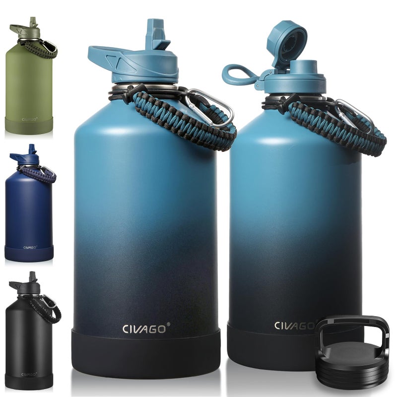 CIVAGO Gallon Insulated Water Bottle Jug with Straw 128 oz Large Stainless Steel Water Flask Big Metal Thermal Mug with 3 Lids for Sports Travel Gym and Camping Indigo Black - Image 2