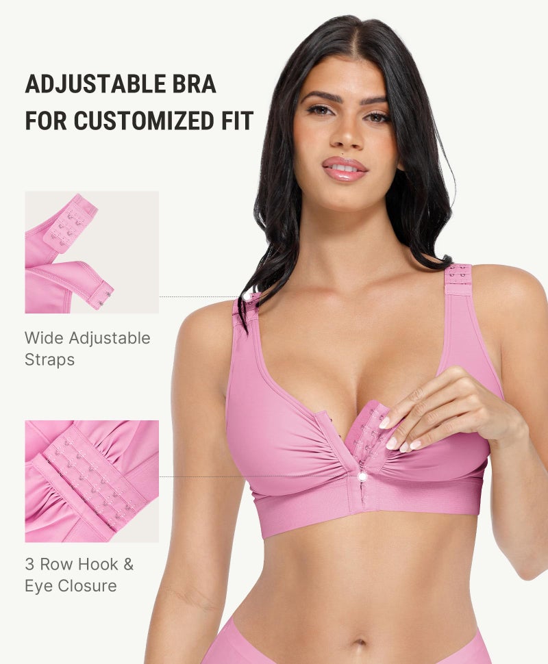 FeelinGirl Women Front Closure Post Surgery Compression Everyday Bras for Breast Implant Support with Adjustable Straps Wirefree Pink L - Image 2