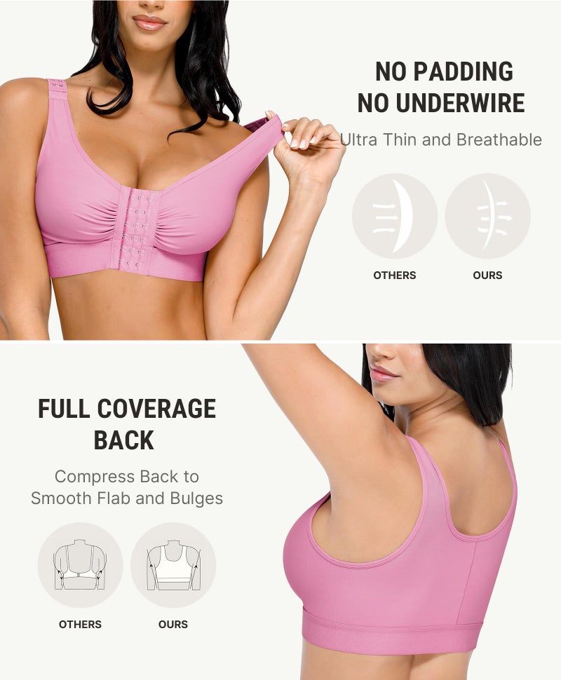 FeelinGirl Women Front Closure Post Surgery Compression Everyday Bras for Breast Implant Support with Adjustable Straps Wirefree Pink L - Image 3