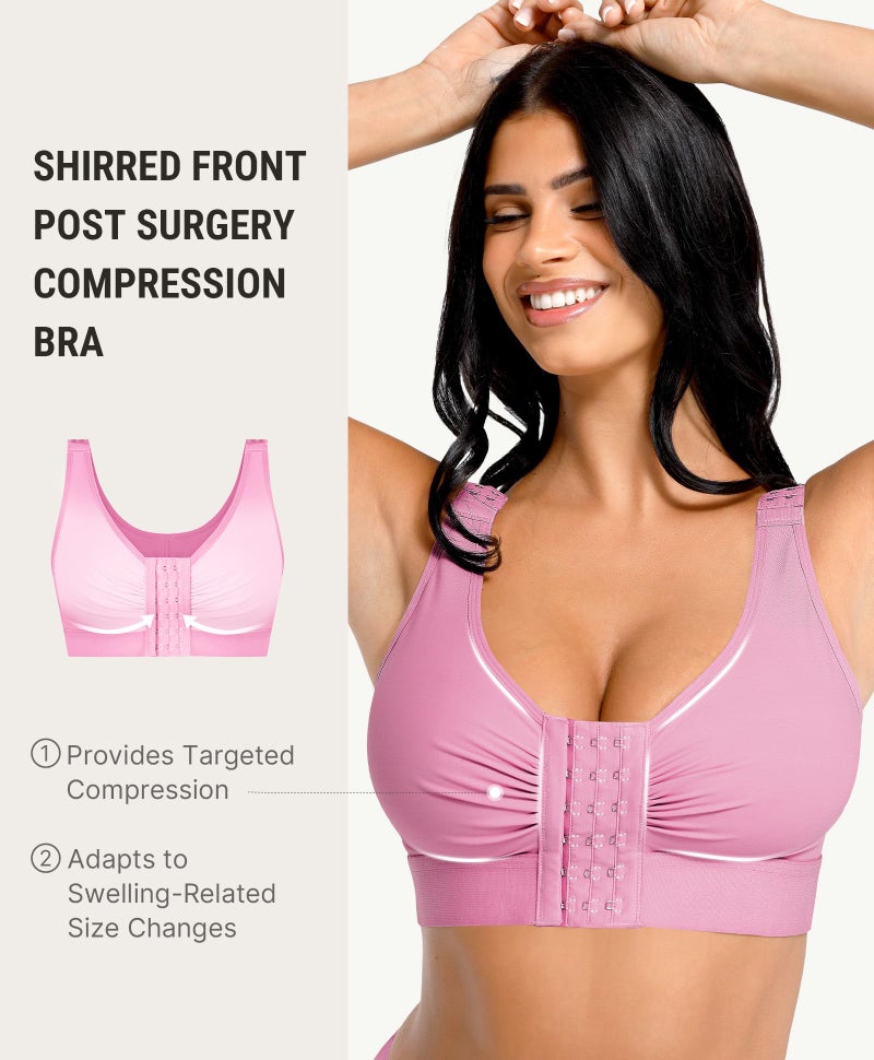 FeelinGirl Women Front Closure Post Surgery Compression Everyday Bras for Breast Implant Support with Adjustable Straps Wirefree Pink L - Image 1