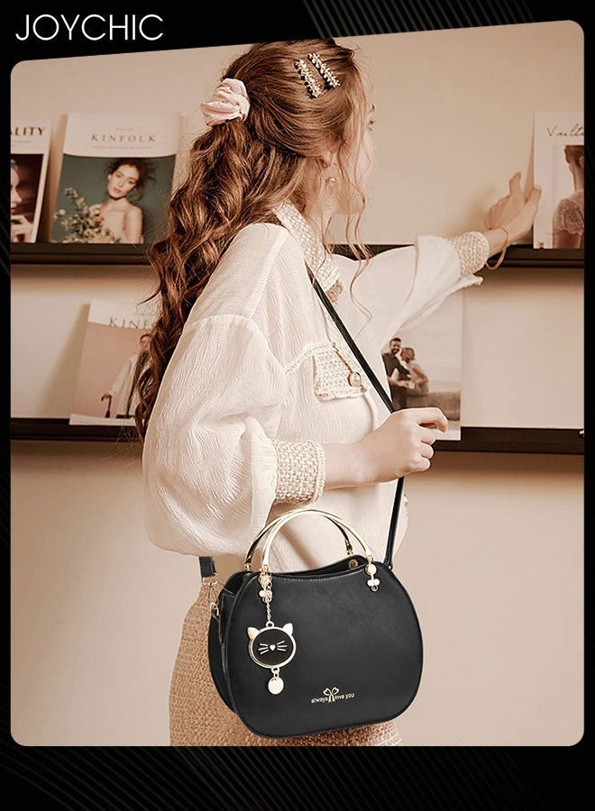 Joychic Korean Style Fashionable Girl Shell Bag Women Large Capacity Crossbody Bag Multi Pocket Shoulder Handbag with Lovely Cat Pendant for Travel Party Black - Image 1