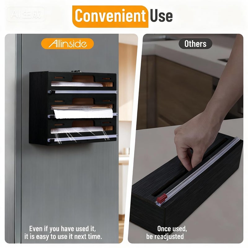 Allinside Magnetic Plastic Wrap Dispenser with Cutter, 3 in 1 Refrigerator Bamboo Wood Organizer for Tin Foil, Baking, Wax Paper Holder Kitchen Storage Box Compatible with 12.9" Roll, Black (3 Layer) - Image 4