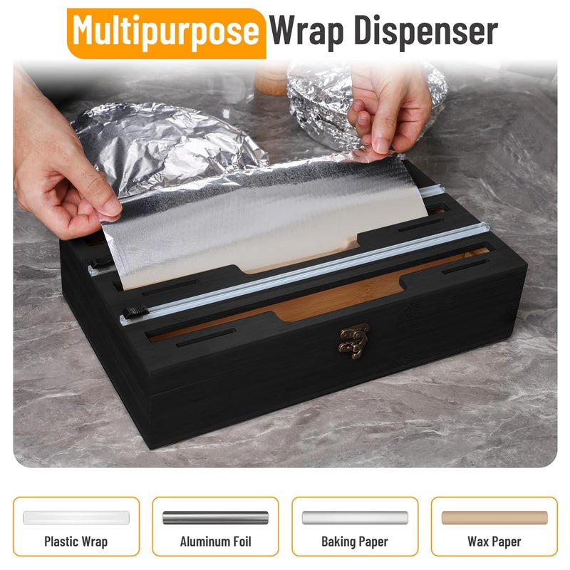 Allinside Magnetic Plastic Wrap Dispenser with Cutter, 3 in 1 Refrigerator Bamboo Wood Organizer for Tin Foil, Baking, Wax Paper Holder Kitchen Storage Box Compatible with 12.9" Roll, Black (3 Layer) - Image 5