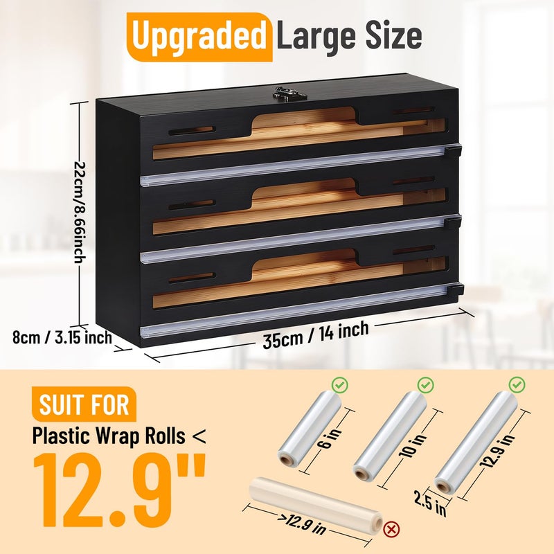 Allinside Magnetic Plastic Wrap Dispenser with Cutter, 3 in 1 Refrigerator Bamboo Wood Organizer for Tin Foil, Baking, Wax Paper Holder Kitchen Storage Box Compatible with 12.9" Roll, Black (3 Layer) - Image 2