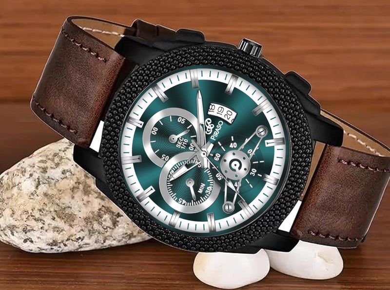PIRASO Analog Watch Date Display Turquoise DIAL and Brown Strap Watch for Men & BOY - Image 4