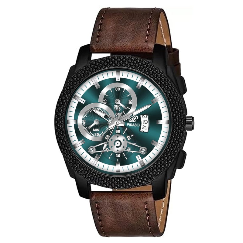PIRASO Analog Watch Date Display Turquoise DIAL and Brown Strap Watch for Men & BOY - Image 5