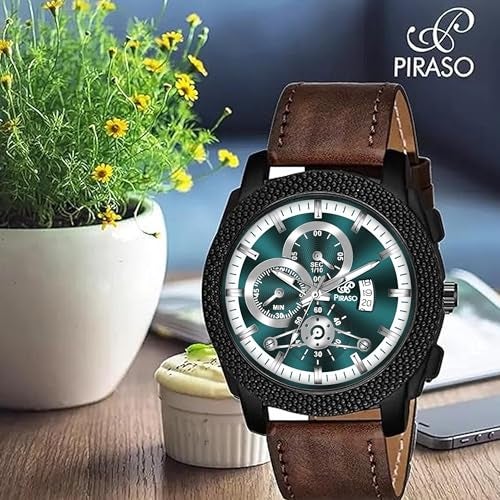 PIRASO Analog Watch Date Display Turquoise DIAL and Brown Strap Watch for Men & BOY - Image 3
