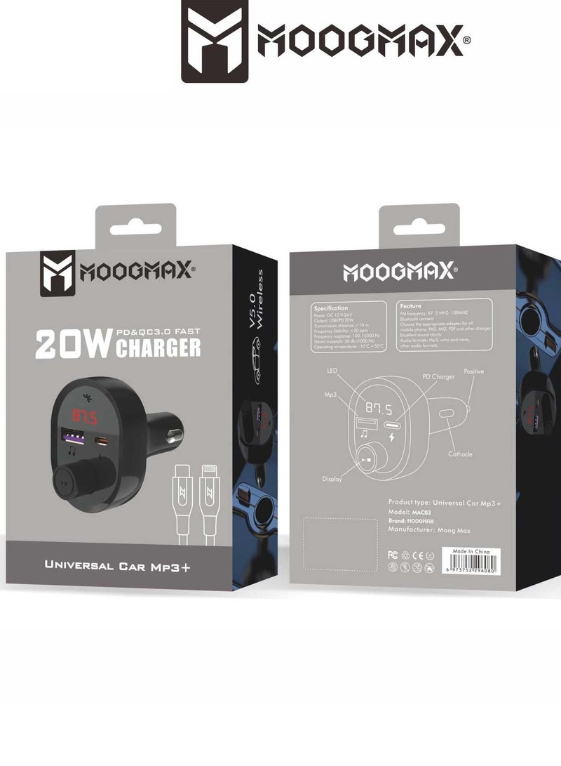 MOOGMAX MP3 Bluetooth and Car Charger with multi Charging Ports (Type-C PD and USB) 20W, with Type-C iPhone Charging Cable  - Image 3