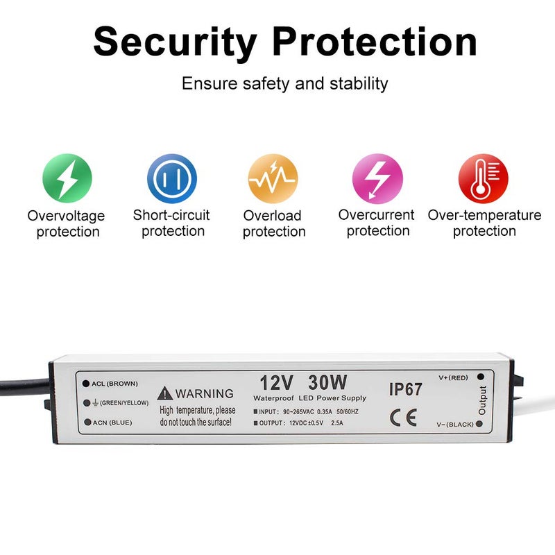 Bingotec 30W 12 Volt LED Power Supply, Waterproof IP67 LED Driver, 110V AC to 12V DC Converter, LED Transformer Low Voltage Output with 3-Prong Plug 3.3 Feet Cable for LED Light Strip, 2.5Amp - Image 5
