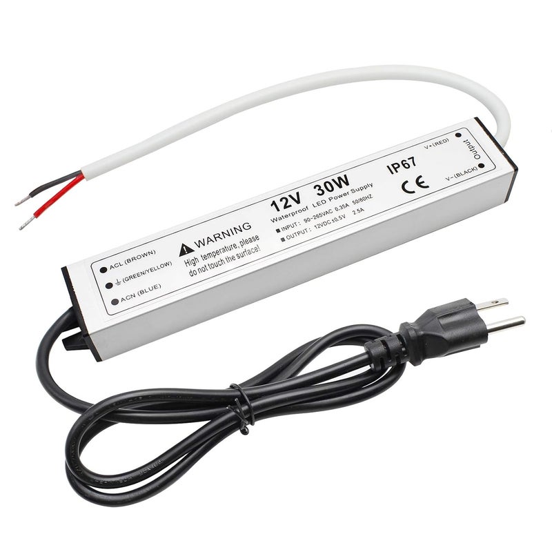 Bingotec 30W 12 Volt LED Power Supply, Waterproof IP67 LED Driver, 110V AC to 12V DC Converter, LED Transformer Low Voltage Output with 3-Prong Plug 3.3 Feet Cable for LED Light Strip, 2.5Amp - Image 1