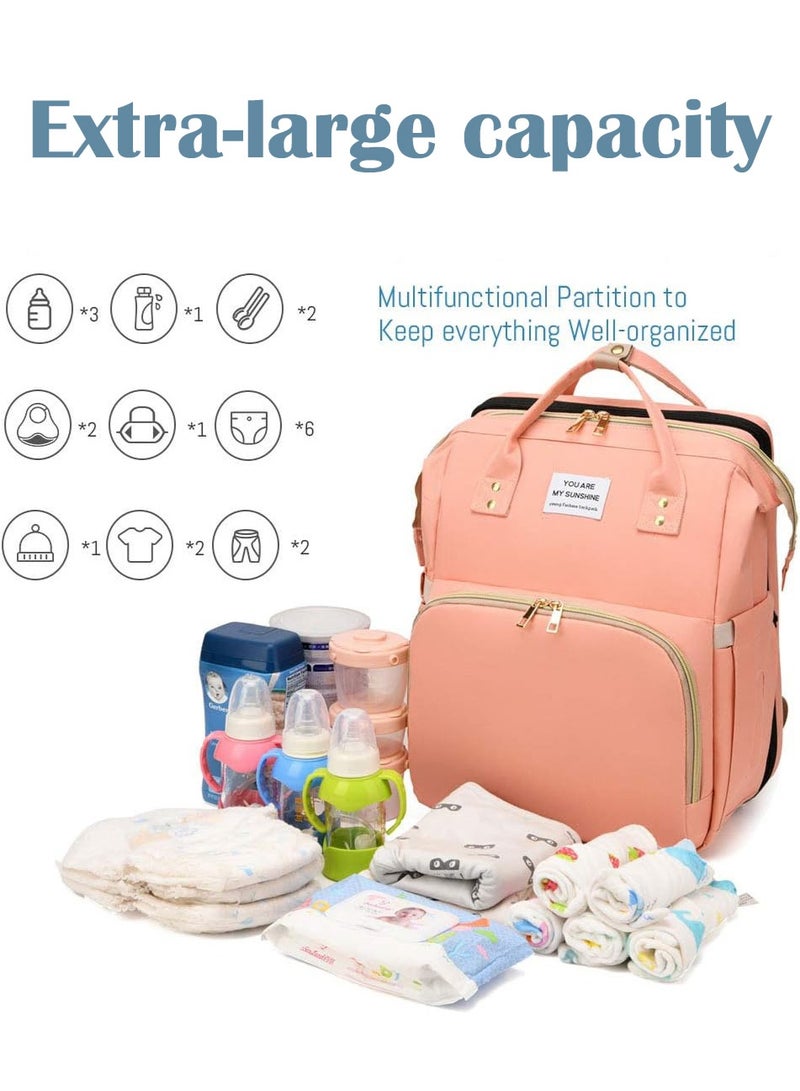 PHISMA Diaper Bag Backpack, Multifunctional Portable Baby Mom Bag with USB, Waterproof, Foldable Crib with Stroller Straps, Sunshade, Changing Pad, Travel Friendly(Pink) - Image 3