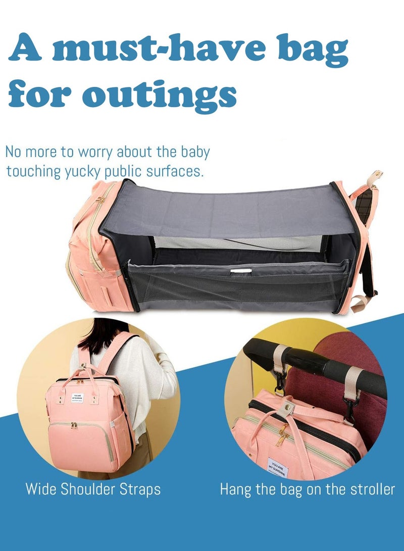 PHISMA Diaper Bag Backpack, Multifunctional Portable Baby Mom Bag with USB, Waterproof, Foldable Crib with Stroller Straps, Sunshade, Changing Pad, Travel Friendly(Pink) - Image 5