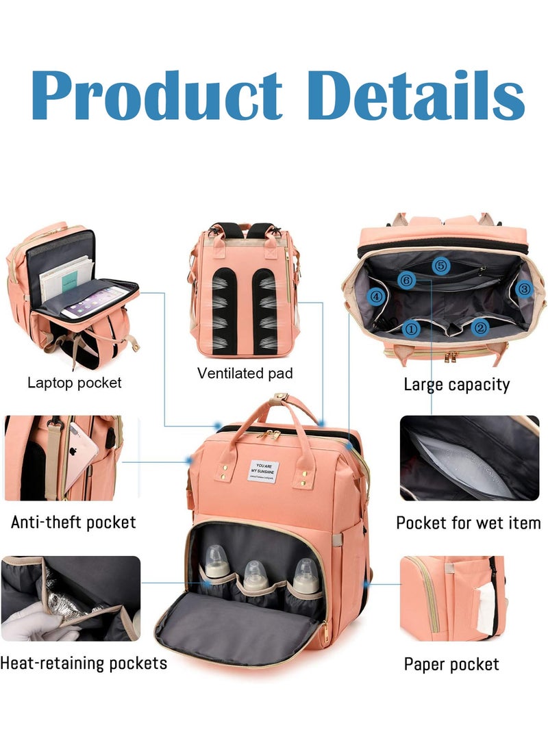 PHISMA Diaper Bag Backpack, Multifunctional Portable Baby Mom Bag with USB, Waterproof, Foldable Crib with Stroller Straps, Sunshade, Changing Pad, Travel Friendly(Pink) - Image 4