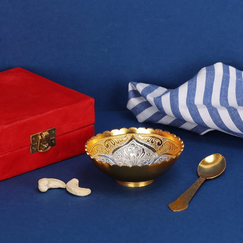 N/M NM Aluminium Serving Dry Fruit Bowl with Spoon Gold Plated Finish 1 Piece - Image 2