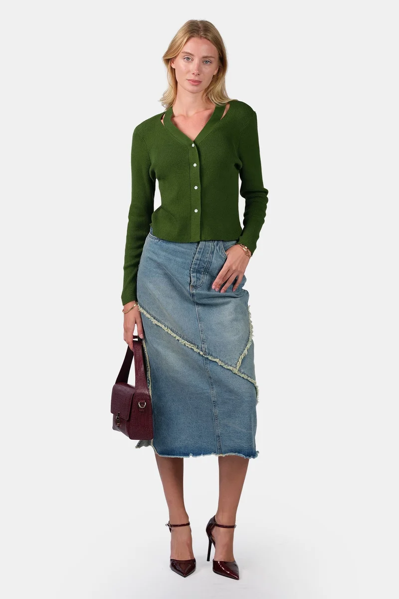 فيرجيو Self Design Cotton V-Neck Button Down Knit Cardigan for Women