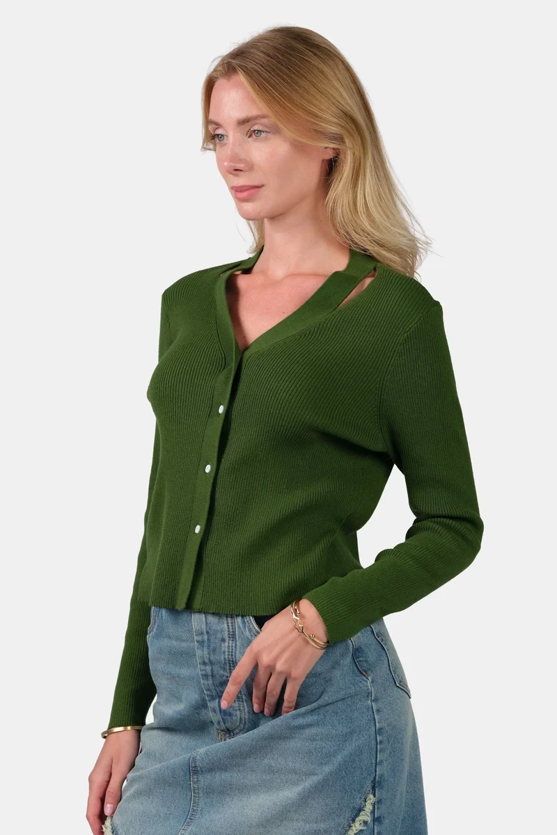 Virgio  Self Design Cotton V-Neck Button Down Knit Cardigan for Women for Women | Best Price UAE
