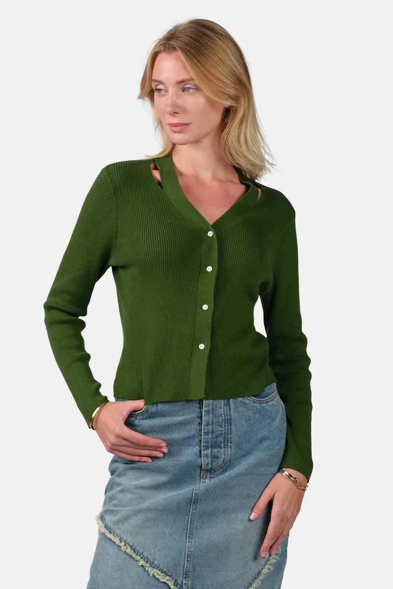 فيرجيو Self Design Cotton V-Neck Button Down Knit Cardigan for Women