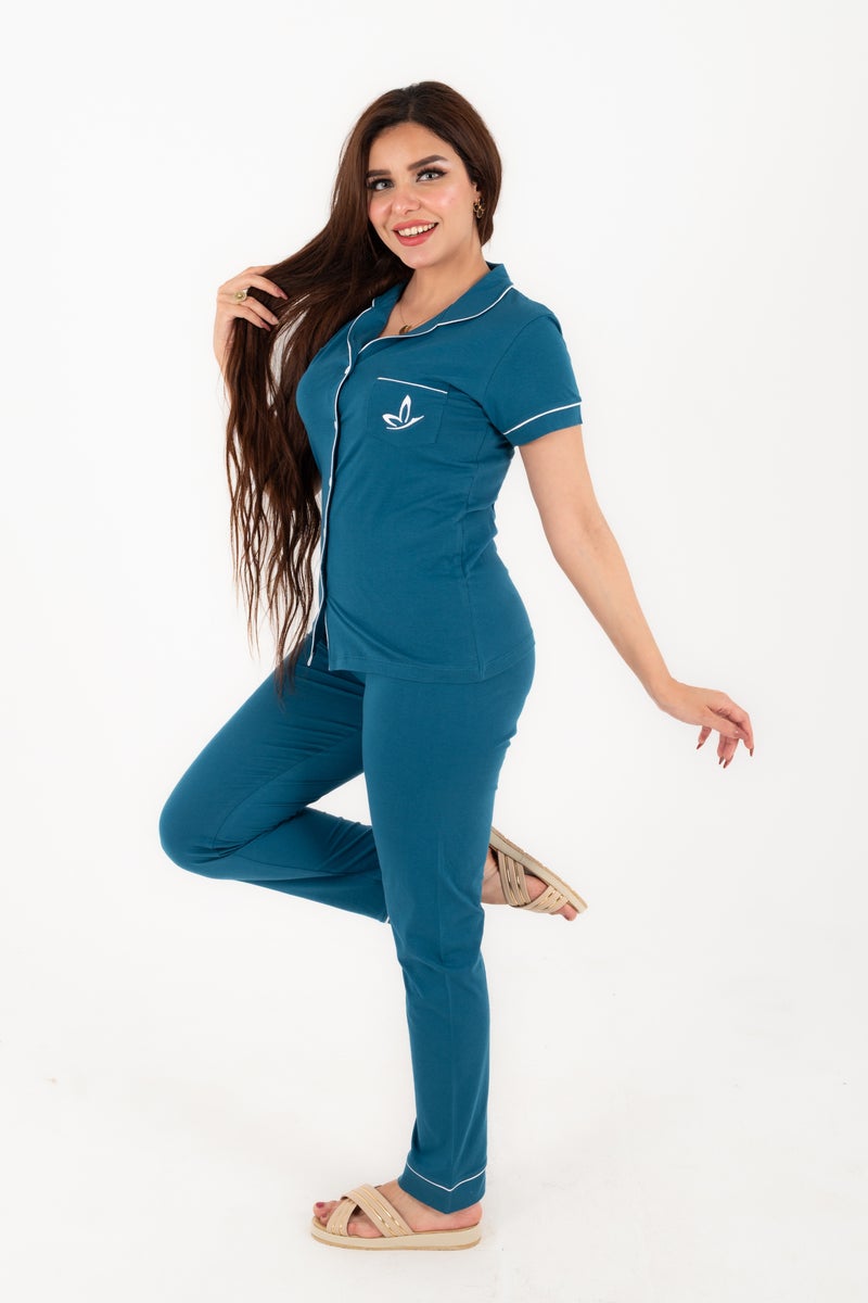 Classic Women's Summer Pajama Set - Teal - 100% Cotton - 2-Piece Set that Suits All Tastes and is Ever-Lasting Fashion - Perfect for Comfort, Lounging, and Sleep in Summer Weather - Image 1