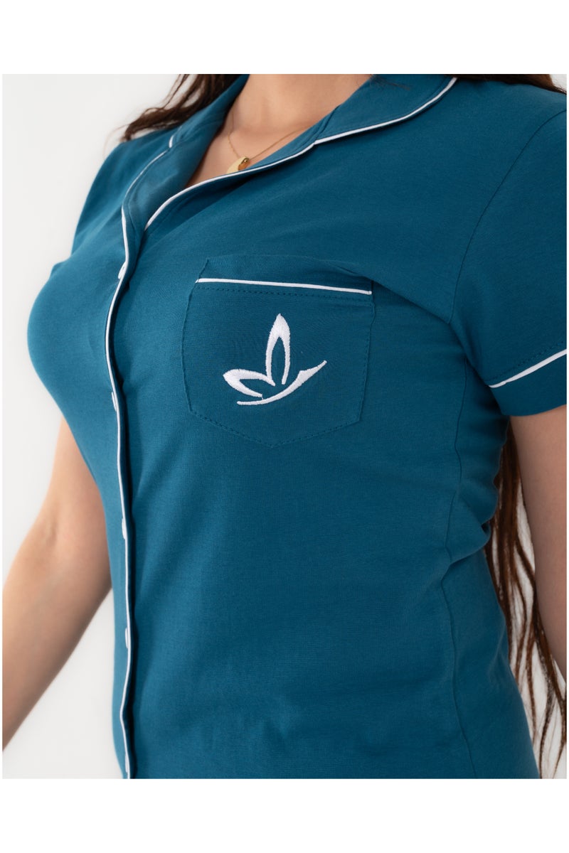 Classic Women's Summer Pajama Set - Teal - 100% Cotton - 2-Piece Set that Suits All Tastes and is Ever-Lasting Fashion - Perfect for Comfort, Lounging, and Sleep in Summer Weather - Image 4